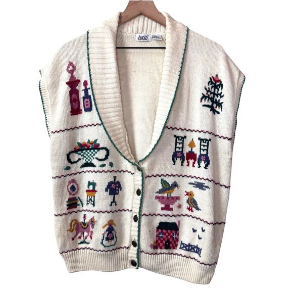 American Vintage Sweaters - Vintage Folk Art Vest Size XL Knit Cardigan Cottage Carousel Sewing Farmhouse